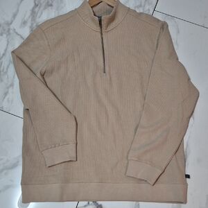 Denver Hayes Men's Cotton Tan 1/4 Zip-Up Textured Knit Sweater